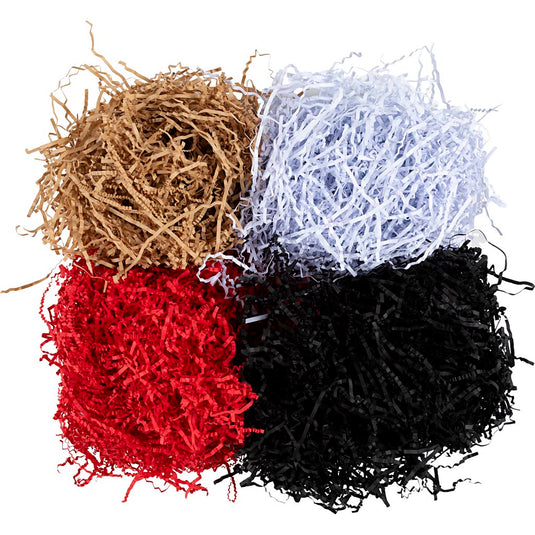 Crinkle papier, l: 25-30 cm, b: 3 mm, zwart, bruin, rood, wit, 4x50 gr 1 doos