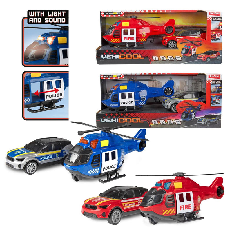 Afbeelding laden in galerijviewer, Toi-toys vehicool hulpdienst helikopter 20cm en auto 12cm met licht en geluid
