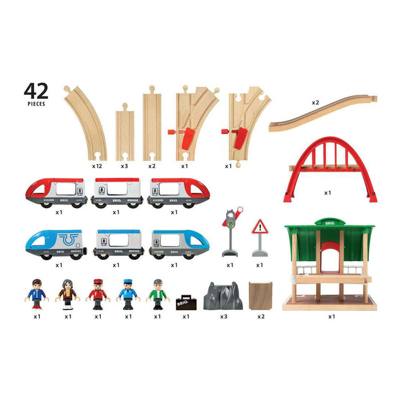 Afbeelding laden in galerijviewer, Brio treinset met perron en twee treinen - 42dlg.
