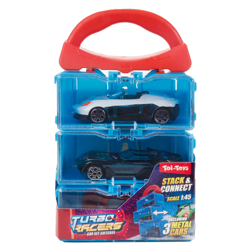 Afbeelding laden in galerijviewer, Toi-toys turbo racers opbergkoffer met 3 metalen auto's
