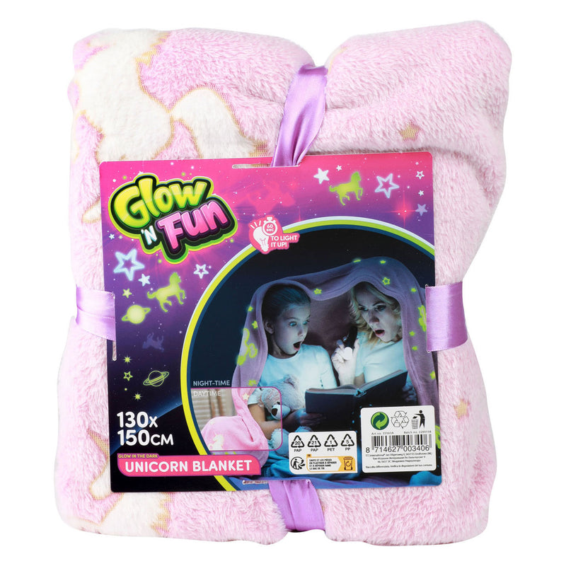 Afbeelding laden in galerijviewer, Toi-toys glow n fun glow in the dark deken eenhoorn, 130x150cm
