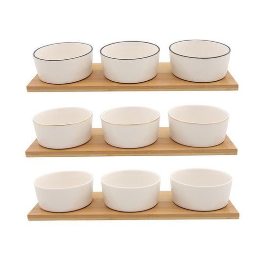 Food for fun set a 3 schaaltjes op bamboe plank 9x6x33cm