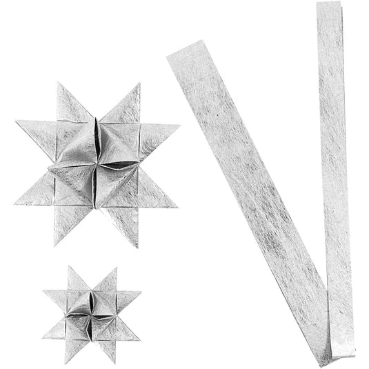 Papieren vlechtstroken, l: 44+78 cm, d 6,5+11,5 cm, b: 15+25 mm, zilver, 32 stroken 1 doos