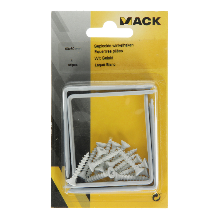 Afbeelding laden in galerijviewer, Mack 1013795 - 4 geplooide winkelhaken wit gelakt 60x60mm | 10 stuks

