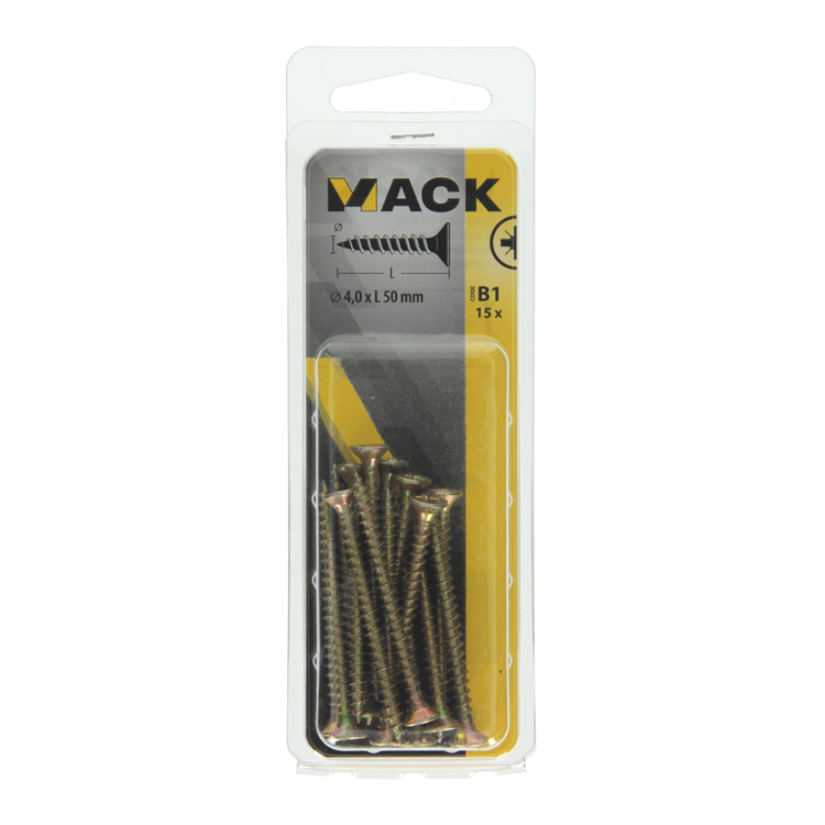 Afbeelding laden in galerijviewer, Mack 1017237 - spaanplaatschroef vz kop geelverz.15 st 4,0 x 50 mm | 10 stuks
