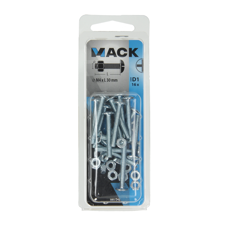 Afbeelding laden in galerijviewer, Mack 1017542 - kachelbout + moer staal verzinkt 16 st m4 x 30 mm | 10 stuks
