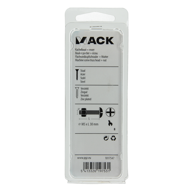 Afbeelding laden in galerijviewer, Mack 1017547 - kachelbout + moer staal verzinkt 12 st m5 x 30 mm | 5 stuks
