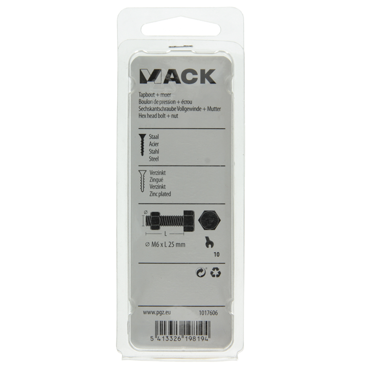 Afbeelding laden in galerijviewer, Mack 1017606 - tapbout + moer staal verzinkt 13 st m6 x 25 mm | 10 stuks
