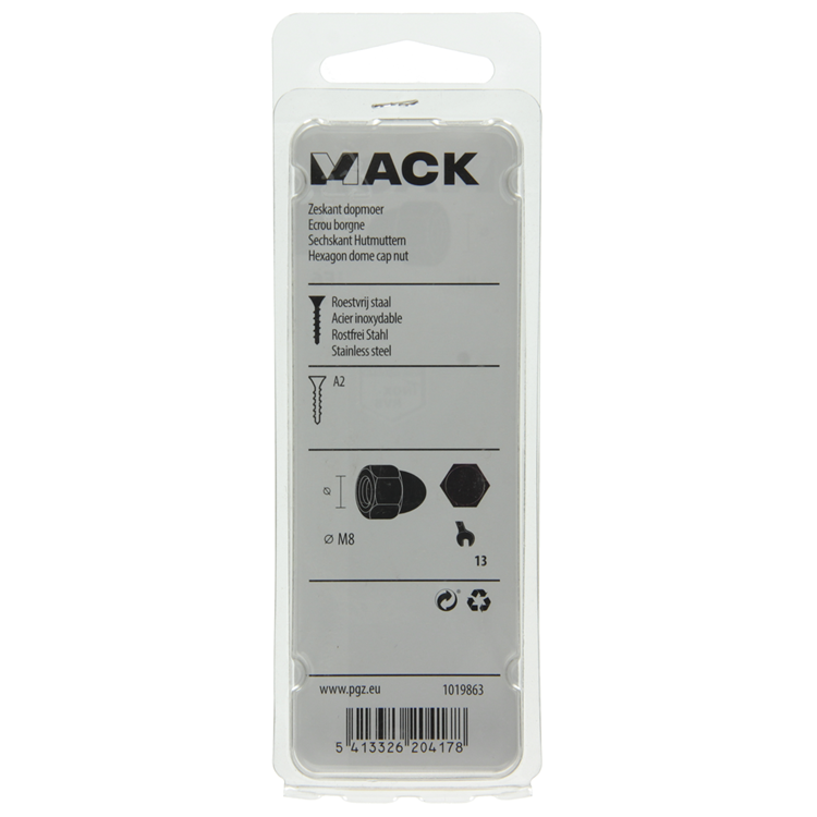Afbeelding laden in galerijviewer, Mack 1019863 - zeskant dopmoer inox a2 2st m8 | 10 stuks
