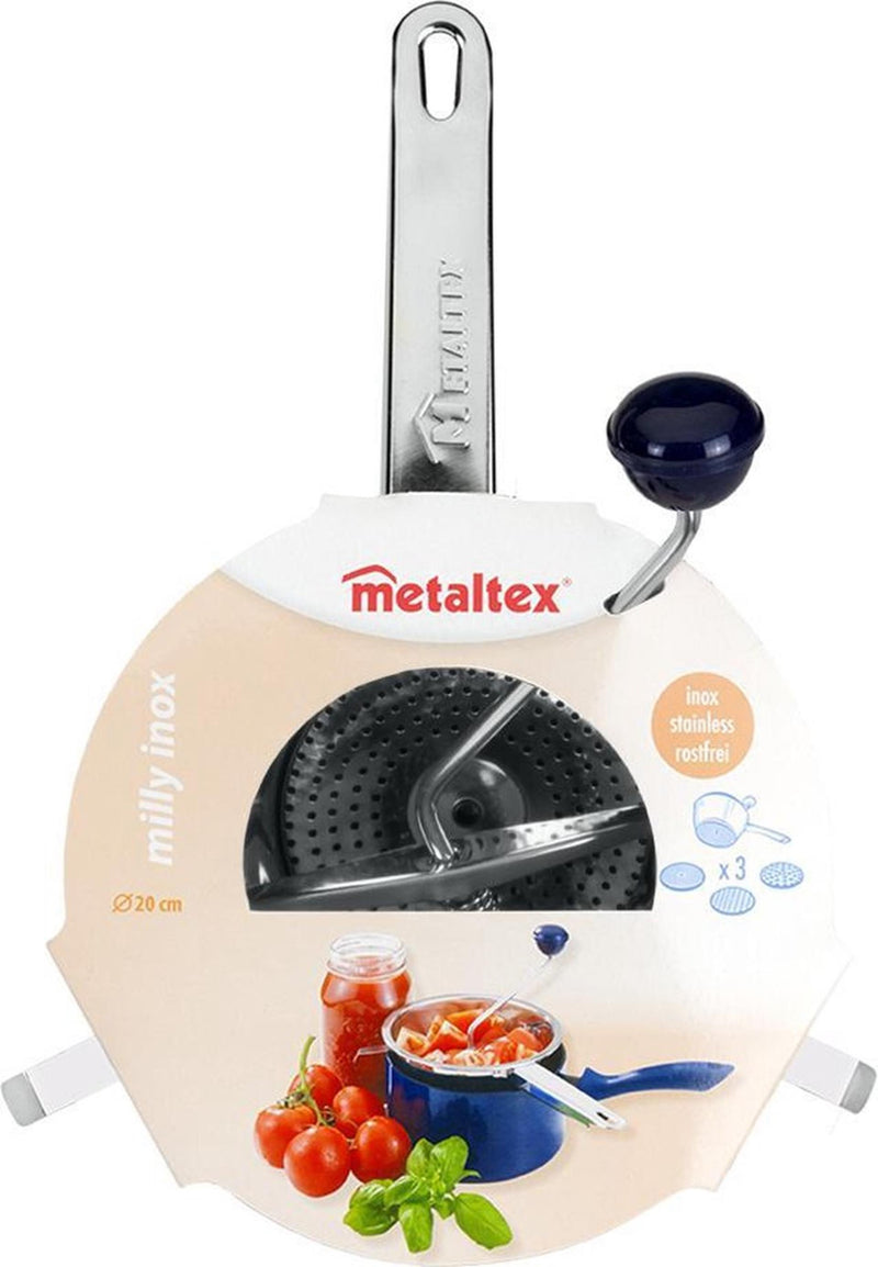 Afbeelding laden in galerijviewer, Metaltex milly groentenmolen roerzeef rvs met 3 inzetten 20cm
