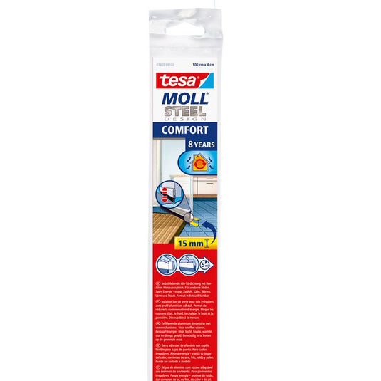 Tesa - dorpelstrip (borstel) voor oneven vloeren - 15 mm speling - 100 cm - aluminium - staal look - comfort