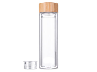 Svenska living dubbelwandige infusiefles drinkfles glas bamboe 400ml met rvs zeef