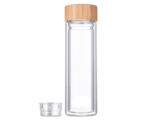 Svenska living dubbelwandige infusiefles drinkfles glas bamboe 400ml met rvs zeef