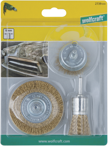 Afbeelding laden in galerijviewer, Wolfcraft - messingdraad borstelset boormachine - staalborstel - komborstel - 3 delig - 2739000
