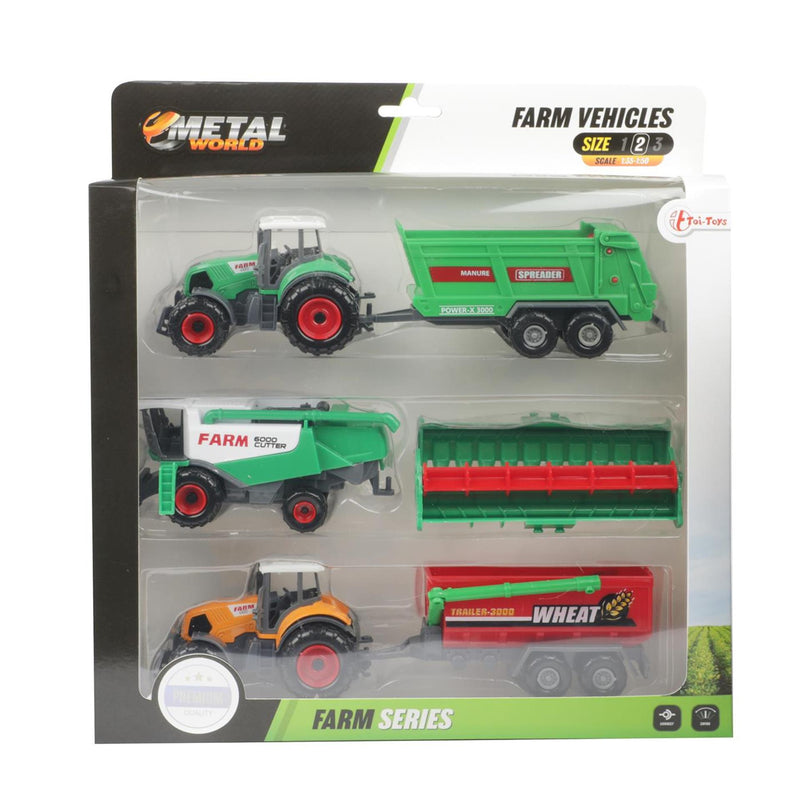 Afbeelding laden in galerijviewer, Toi-toys metal landbouw set 6-delig tractor + aanhanger 4 assorti
