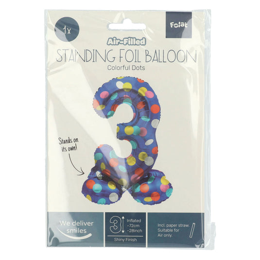 Folat bv staande folieballon colorful dots cijfer 3 - 72cm