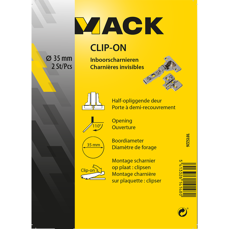 Afbeelding laden in galerijviewer, Mack 1015226 - 2 inboorscharnieren clip on 35mm 110° half opliggende deur | 10 stuks
