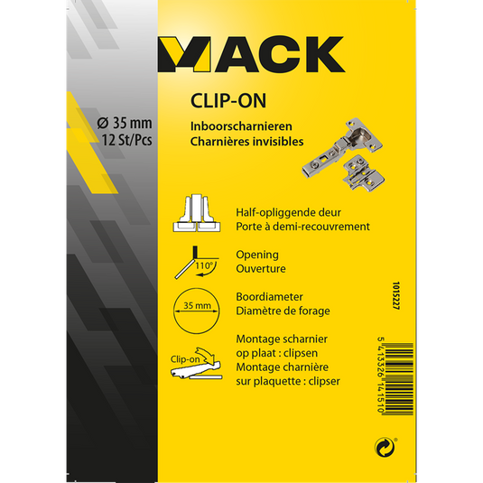 Mack 1015227 - 12 inboorscharnieren clip on 35mm 110° half opliggende deur | 5 stuks