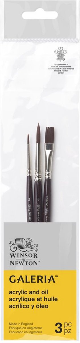 Winsor newton 5790608 galeria acrylpenseel set – 3 synthetische penselen voor acrylschilderen (korte steel - rond 2, rond 6, one-stroke 6 mm)