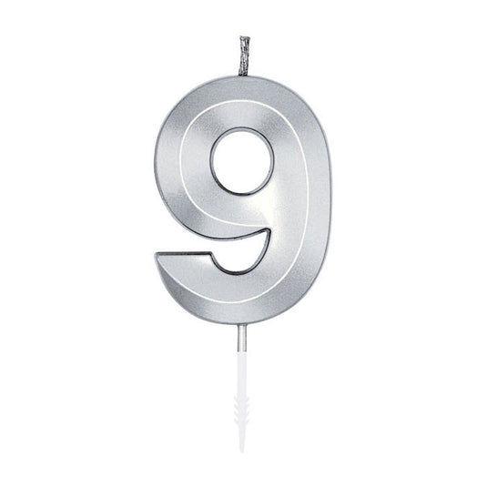 Globos taartkaars 6cm metallic zilver no.9
