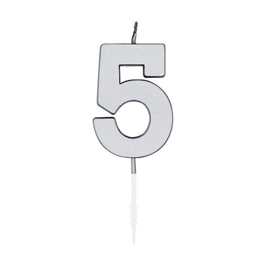 Globos taartkaars 4,5cm metallic zilver no. 5