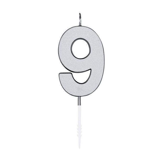 Afbeelding laden in galerijviewer, Globos taartkaars 4,5cm metallic zilver no. 9

