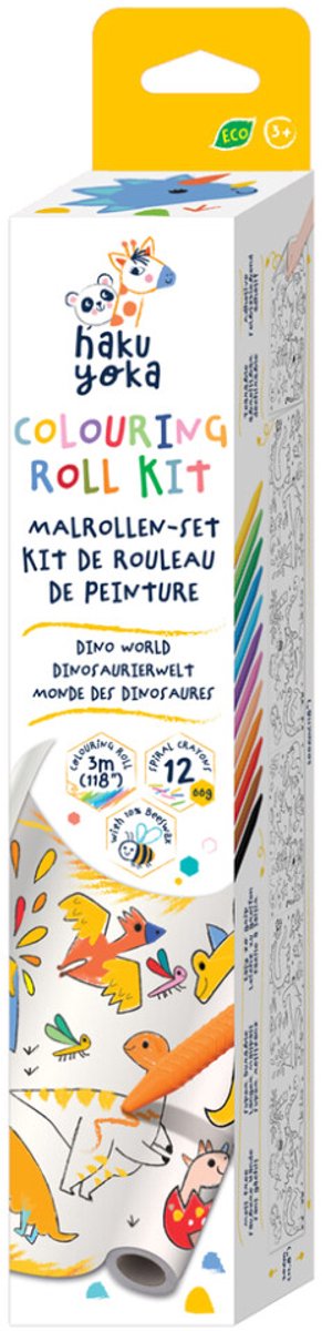 Haku yoka : kleurrol kit dino wereld 30x300cm, inclusief 12 waskrijtjes in spiraalvorm, afscheurbaar en zelfklevend, bevat 10% bijenwas, in doos 6,5x6,5x35cm, 3+