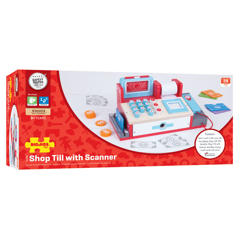 Afbeelding laden in galerijviewer, Bigjigs Houten Kassa met Scanner, 30dlg.
