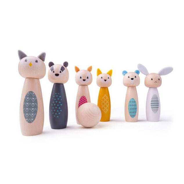 Afbeelding laden in galerijviewer, Simply scandi bigjigs toys - kegelspel 'bosdieren' - hout speelgoed - houten kegelspel - 7-delig
