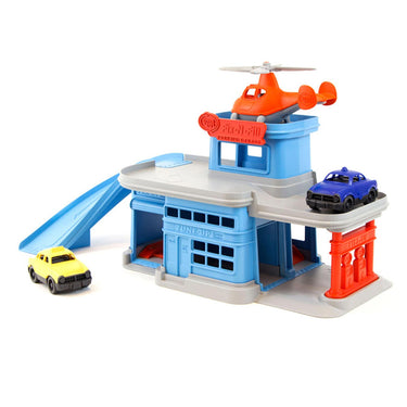 Green toys parkeergarage met auto's en helikopter