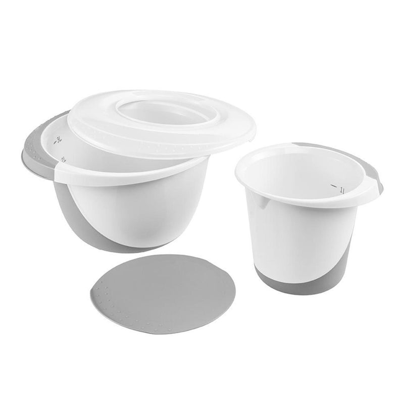 Afbeelding laden in galerijviewer, Keeeper mengkommenset anti-slip met deksel en deegschraper 1,5l + 3,5l ø18x14cm ø27x15cm nordic grey
