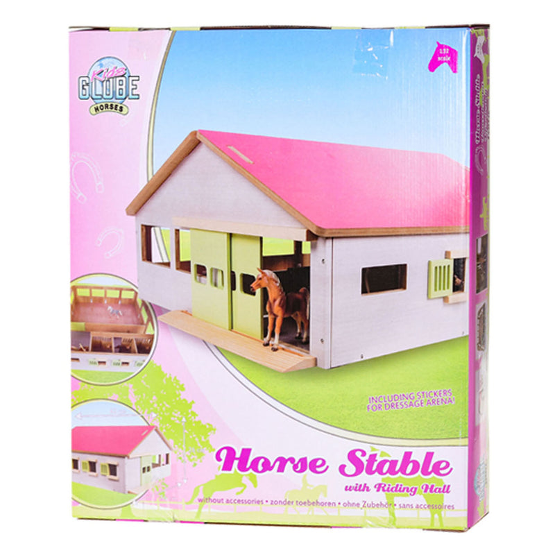 Afbeelding laden in galerijviewer, Kids globe paardenstal met 3 boxen en binnenbak 62,5x54x25cm 1:32 roze
