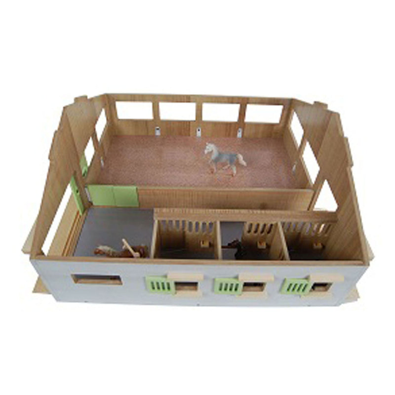 Afbeelding laden in galerijviewer, Kids globe paardenstal met 3 boxen en binnenbak 62,5x54x25cm 1:32 roze
