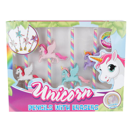 Unicorn potlood met gum set 4 stuks en puntenslijper