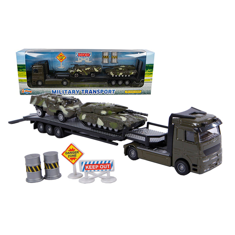 Afbeelding laden in galerijviewer, 2-play military transporter met 2 tanks die-cast kunststof 24cm

