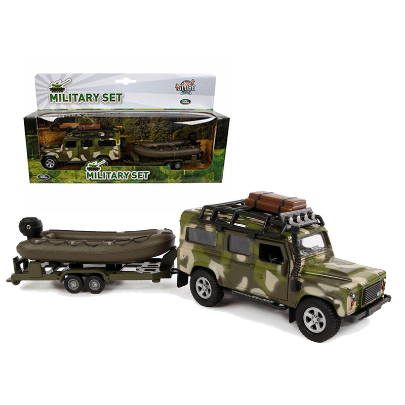 Afbeelding laden in galerijviewer, Kids Globe Globe Die-cast Land Rover met Aanhanger en Boot Leger
