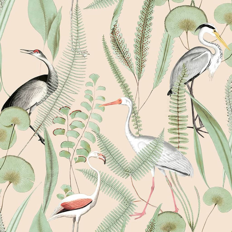 Afbeelding laden in galerijviewer, Dutch wallcoverings behang flamingo crème- en mintkleurig
