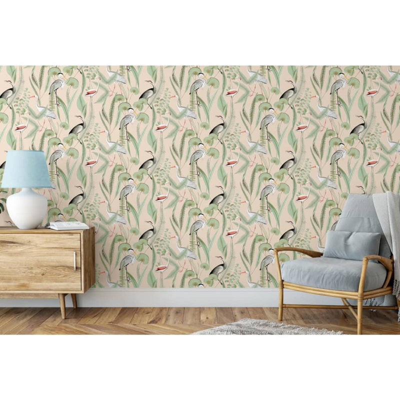 Afbeelding laden in galerijviewer, Dutch wallcoverings behang flamingo crème- en mintkleurig
