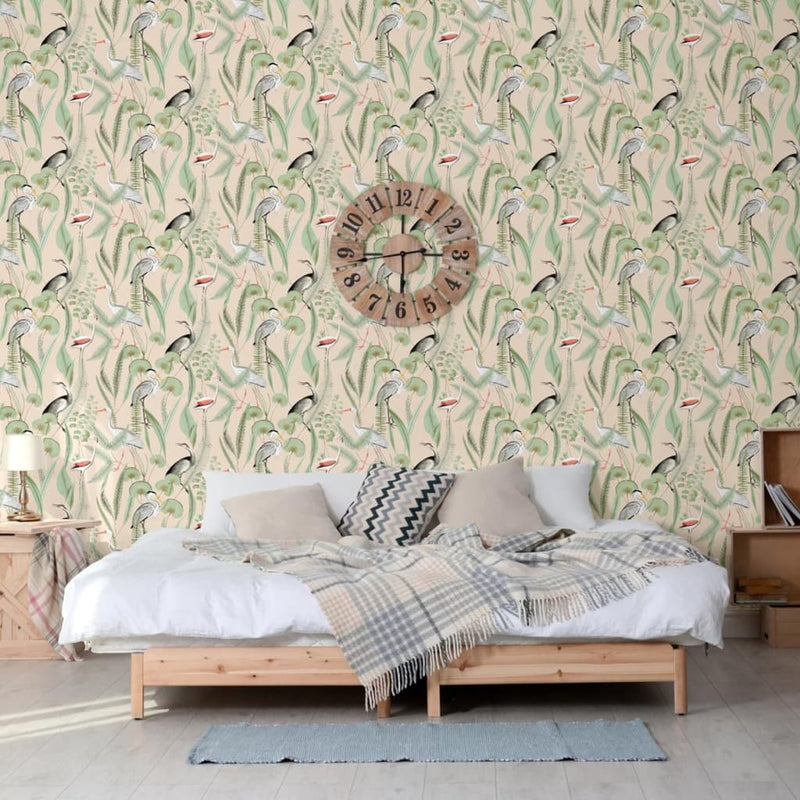 Afbeelding laden in galerijviewer, Dutch wallcoverings behang flamingo crème- en mintkleurig
