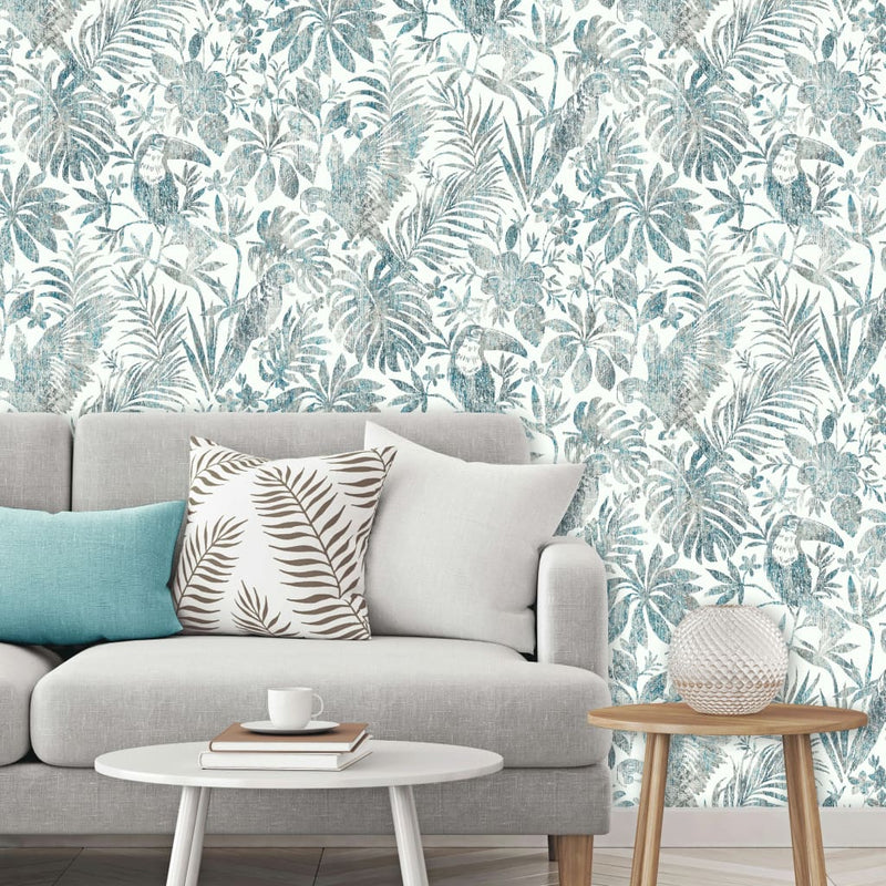 Afbeelding laden in galerijviewer, DUTCH WALLCOVERINGS DUTCH WALLCOVERINGS Behang bladeren en toekan blauw

