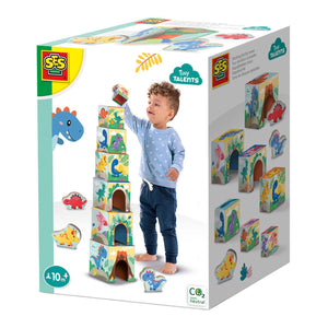 Ses stapelblokken toren met dino figuren