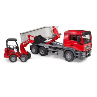 Afbeelding laden in galerijviewer, Bruder , miniatuurauto van de man tgs vrachtwagen met container, rood

