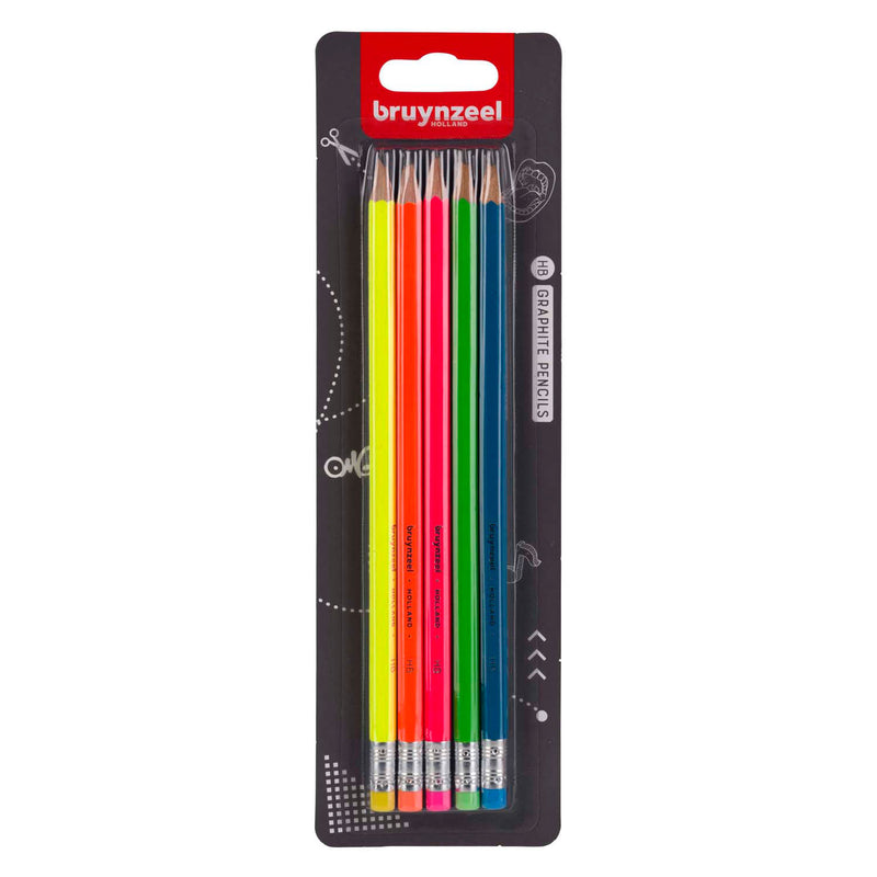 Afbeelding laden in galerijviewer, Bruynzeel grafietpotlodenset neon, 5 hb potloden met gum
