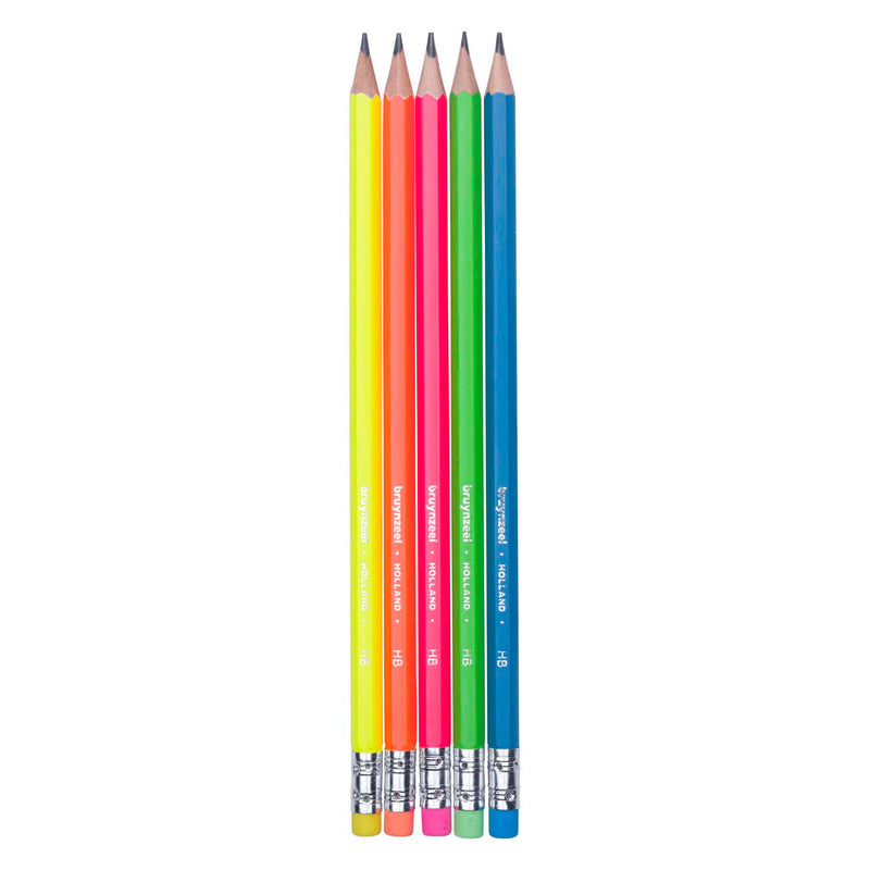 Afbeelding laden in galerijviewer, Bruynzeel grafietpotlodenset neon, 5 hb potloden met gum
