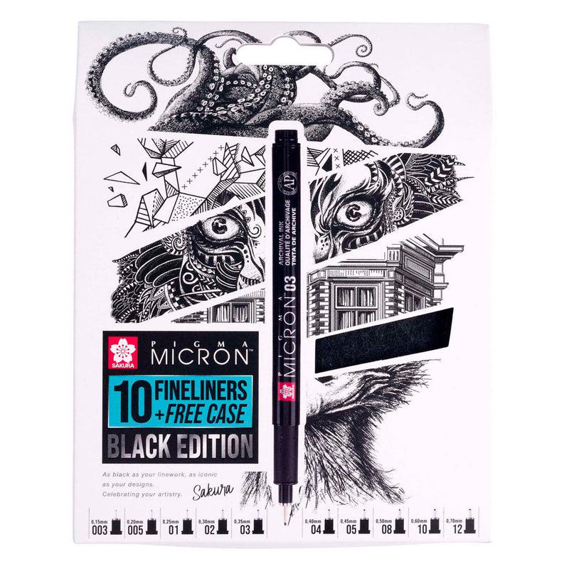 Afbeelding laden in galerijviewer, Sakura • pigma micron black edition set + gratis etui | 10 pennen, zwart
