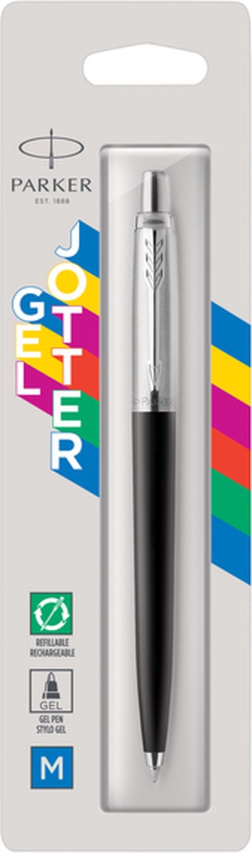 Parker jotter-gelpen | roestvrij staal en zwart | medium punt met blauwe inkt (0,7 mm)
