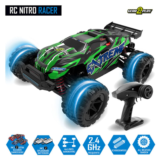 Gear2play rc nitro racer terreinwagen 1:18 - incl. 2 oplaadbare batterijen - high speed 35 km u - all weather terreinbanden
