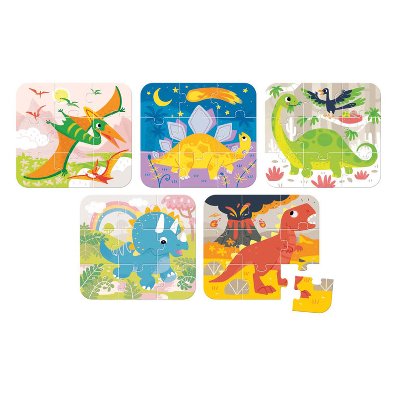 Afbeelding laden in galerijviewer, Banana panda on-the-go puzzel dinosaurussen 3+ - vijf puzzels van 9 stukjes - leuk dino puzzel speelgoed.
