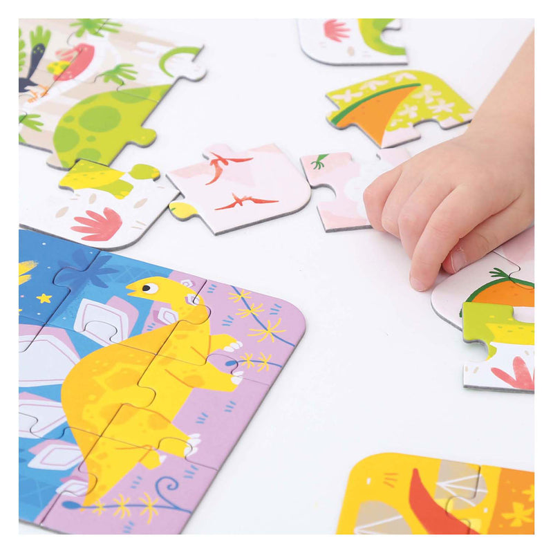 Afbeelding laden in galerijviewer, Banana panda on-the-go puzzel dinosaurussen 3+ - vijf puzzels van 9 stukjes - leuk dino puzzel speelgoed.

