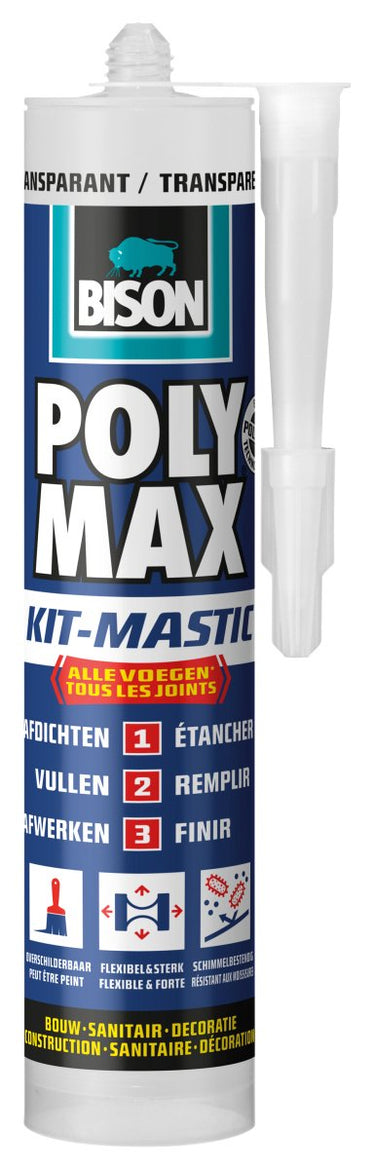 Bison poly max kit transparant koker 280 ml, alles in 1 kit, waterdichte afdichting, universeel, binnen en buiten, overschilderbaar, vullend, krimpvrij, temperatuurbestendig van - 40°c tot + 100°c